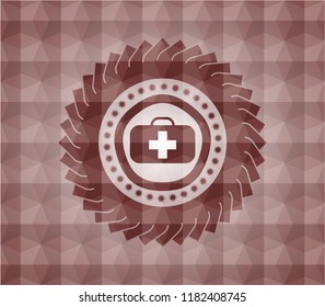 medical briefcase icon inside red geometric pattern emblem. Seamless.