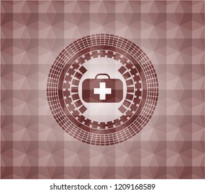 medical briefcase icon inside red seamless polygonal badge.