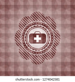 medical briefcase icon inside red badge with geometric pattern background. Seamless.