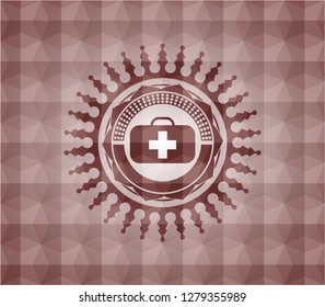 medical briefcase icon inside red emblem with geometric background. Seamless.