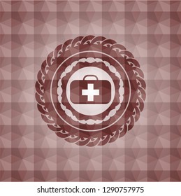 medical briefcase icon inside red seamless emblem or badge with abstract geometric pattern background.