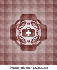 medical briefcase icon inside red geometric emblem. Seamless.