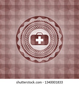 medical briefcase icon inside red seamless emblem with geometric pattern.