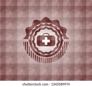 medical briefcase icon inside red seamless badge with geometric pattern background.