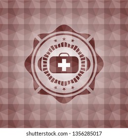 medical briefcase icon inside red emblem with geometric pattern. Seamless.