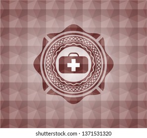 medical briefcase icon inside red geometric pattern emblem. Seamless.