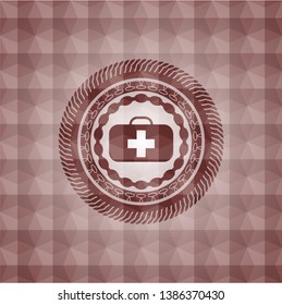 medical briefcase icon inside red geometric pattern emblem. Seamless.