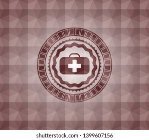 medical briefcase icon inside red seamless emblem or badge with abstract geometric polygonal pattern background.