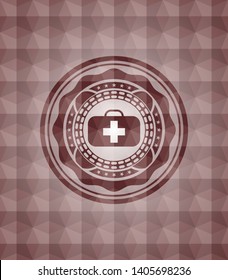 medical briefcase icon inside red emblem with geometric pattern background. Seamless.