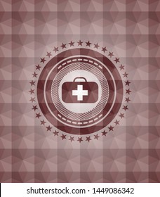 medical briefcase icon inside red badge with geometric background. Seamless.