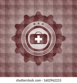 medical briefcase icon inside red emblem with geometric pattern. Seamless.