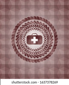 medical briefcase icon inside red seamless polygonal badge.