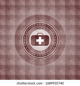 medical briefcase icon inside red badge with geometric background. Seamless.