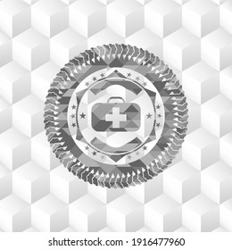 medical briefcase icon inside retro style grey emblem with geometric cube white background. 