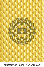 medical briefcase icon inside shiny golden emblem. Scales pattern. Vector Illustration. Detailed.