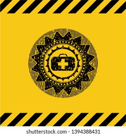 medical briefcase icon inside warning sign, black grunge emblem. Vector Illustration. Detailed.