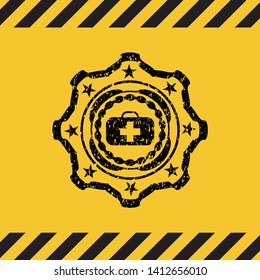 medical briefcase icon inside warning sign, black grunge emblem. Vector Illustration. Detailed.