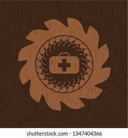 medical briefcase icon inside wood emblem. Vintage.