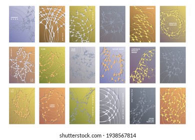 Medical brochure cover templates vector set. Molecular structure concept backgrounds. Healthcare magazine cover layouts. Intersecting waves patterns. Futuristic posters collection.