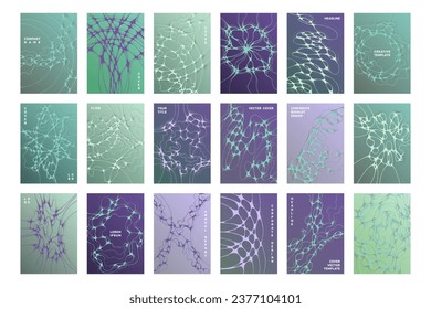 Conjunto de vectores de plantillas de portada de folletos médicos. Conceptos de trabajo en equipo a nivel mundial. Diseño de portadas de revistas científicas de medicina. Las texturas de las células neuronales. Gráficos abstractos de datos tecnológicos.