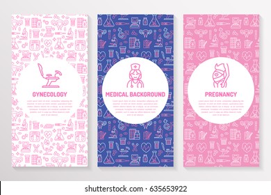 Modelo de folheto médico, panfleto de ginecologia. Vector trifold rosa fundo roxo. Obstetrícia, elementos de gravidez ícones de linha fina - médico, pesquisa, fertilização in vitro. Cartaz bonito de remédios.