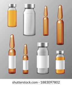 Medical brown or transparent glass ampoules and bottles with drugs for injection, realistic vector illustration isolated on background. Mockup of medical ampoules.