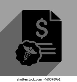 Medical Budget long shadow vector icon. Style is a flat medical budget black iconic symbol on a gray square background with longshadow.