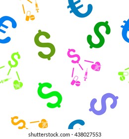 Medical Budget vector seamless repeatable pattern. Style is flat medical budget and dollar symbols on a transparent background.