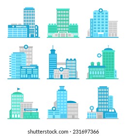 Medical building first aid modern hospital flat icons set isolated vector illustration