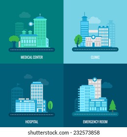 Medical Building Flat Icons Set With Center Clinic Hospital Emergency Room Isolated Vector Illustration