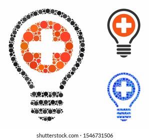 Medical bulb composition of round dots in various sizes and color tones, based on medical bulb icon. Vector round dots are united into blue mosaic. Dotted medical bulb icon in usual and blue versions.