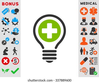 Medical Bulb vector icon with bonus. Style is bicolor flat symbol, eco green and gray colors, rounded angles, white background.