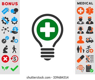 Medical Bulb vector icon with bonus. Style is bicolor flat symbol, green and gray colors, rounded angles, white background.