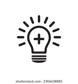Medical Bulb vector icon. Create idea icon. Add icon. Plus symbol. Light bulb icon. Lamp illustration. Positive thinking concept.