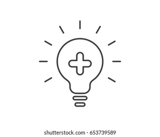 Medical Bulb vector icon. Create idea icon. Add icon. Plus symbol. Light bulb icon. Lamp illustration. Positive thinking concept.