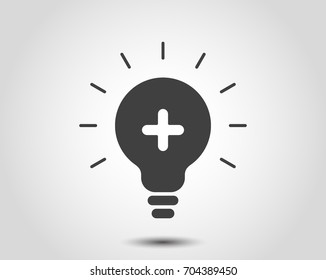 Medical Bulb vector icon. Create idea icon. Add icon. Plus symbol. Light bulb icon. Lamp illustration. Positive thinking concept.