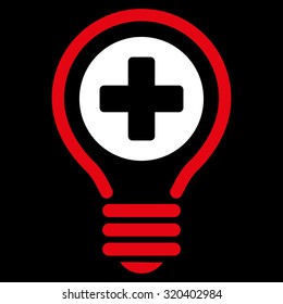 Medical Bulb vector icon. Style is bicolor flat symbol, red and white colors, rounded angles, black background.