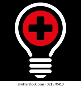 Medical Bulb vector icon. Style is bicolor flat symbol, red and white colors, rounded angles, black background.