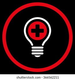 Medical Bulb vector icon. Style is bicolor flat circled symbol, red and white colors, rounded angles, black background.