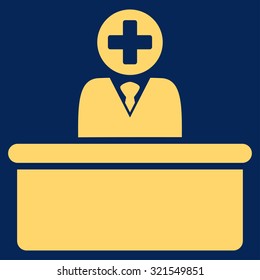 Medical Bureaucrat vector icon. Style is flat symbol, yellow color, rounded angles, blue background.