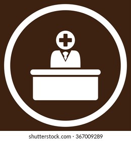 Medical Bureaucrat Vector Icon. Style Is Flat Circled Symbol, White Color, Rounded Angles, Brown Background.