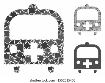 Medical bus composition of humpy parts in different sizes and shades, based on medical bus icon. Vector tuberous pieces are combined into composition. Medical bus icons collage with dotted pattern.
