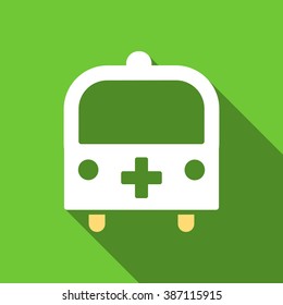 Medical Bus long shadow vector icon. Style is a flat symbol with rounded angles on a green square symbol.