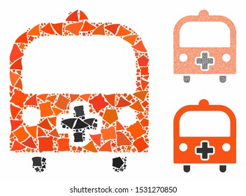 Medical bus mosaic of irregular items in different sizes and color hues, based on medical bus icon. Vector tremulant items are united into collage. Medical bus icons collage with dotted pattern.