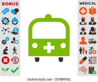 Medical Bus vector icon with bonus. Style is bicolor flat symbol, eco green and gray colors, rounded angles, white background.