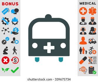 Medical Bus vector icon with bonus. Style is bicolor flat symbol, soft blue colors, rounded angles, white background.