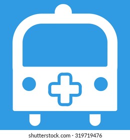Medical Bus vector icon. Style is flat symbol, white color, rounded angles, blue background.