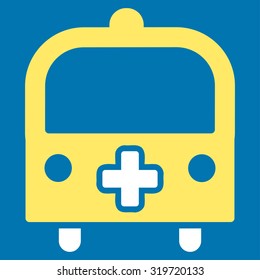 Medical Bus vector icon. Style is bicolor flat symbol, yellow and white colors, rounded angles, blue background.