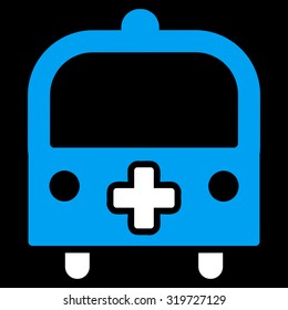 Medical Bus vector icon. Style is bicolor flat symbol, blue and white colors, rounded angles, black background.