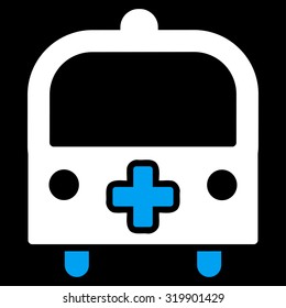 Medical Bus vector icon. Style is bicolor flat symbol, blue and white colors, rounded angles, black background.